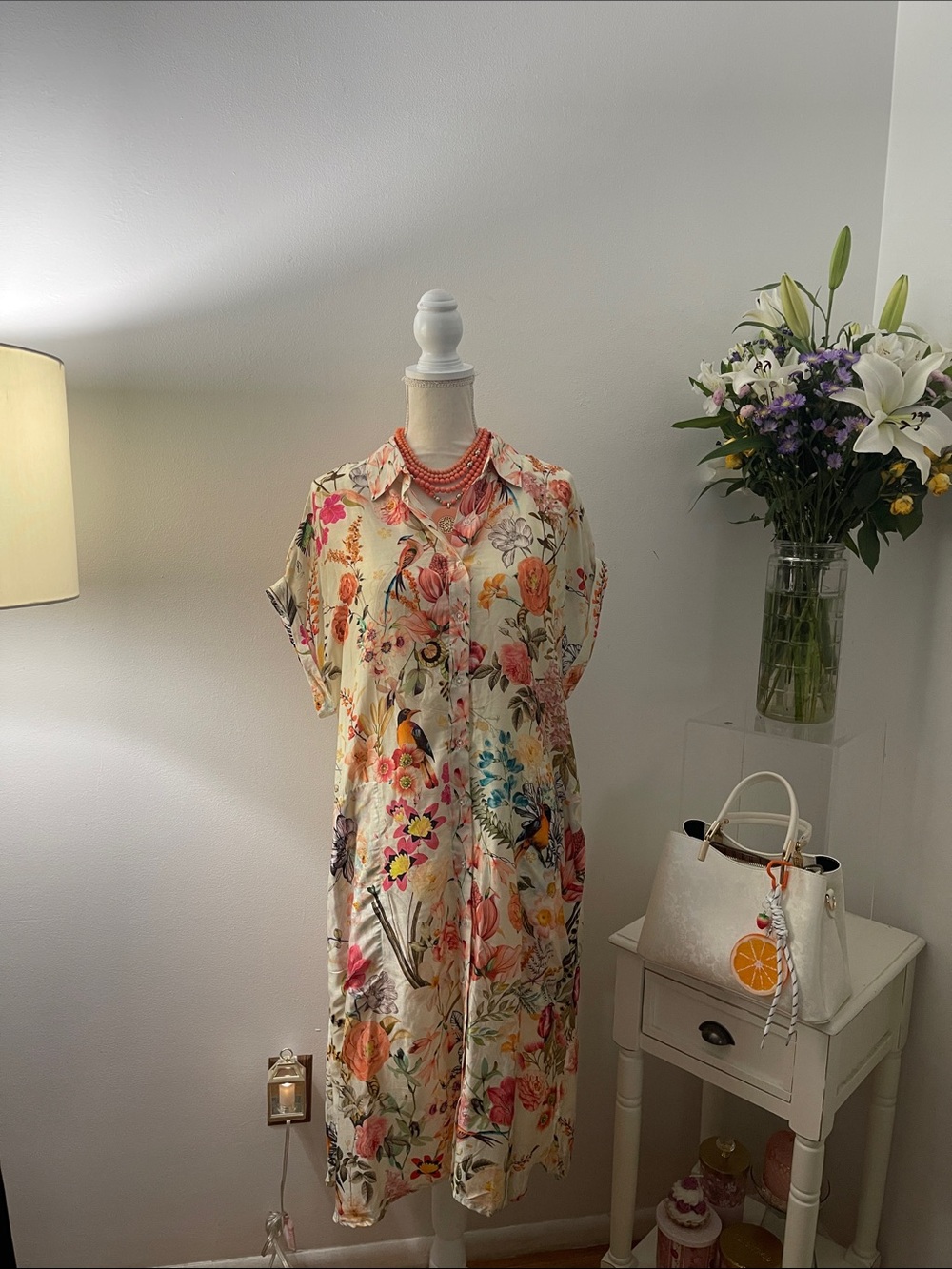 Cream and Coral Multi-Color Floral Print Button-Down Midi